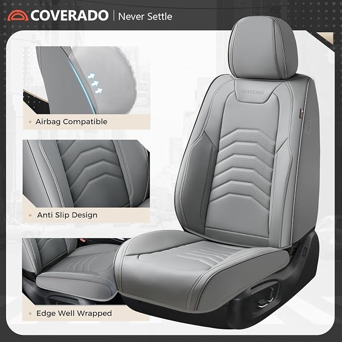 Coverado Leather Seat Covers, Gray Seat Covers Full Set, Car Seat Covers Front Seats and Back, Waterproof Faux Leather Car Seat Cushion Car Seat Protector Universal Fit for Most Cars Trucks SUV