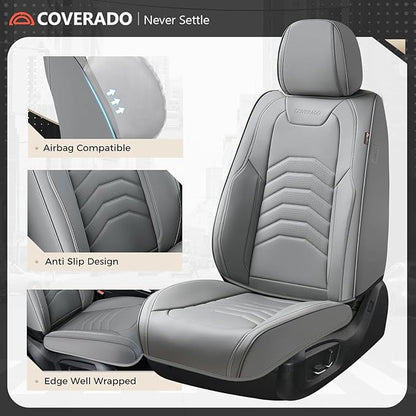 Coverado Car Seat Covers, Gray Front Seat Covers, 2 Pack Luxury Faux Leather Seat Covers for Cars, Waterproof Car Seat Protector Car Seat Cushion, Universal Automotive Seat Covers Fit for Most Cars