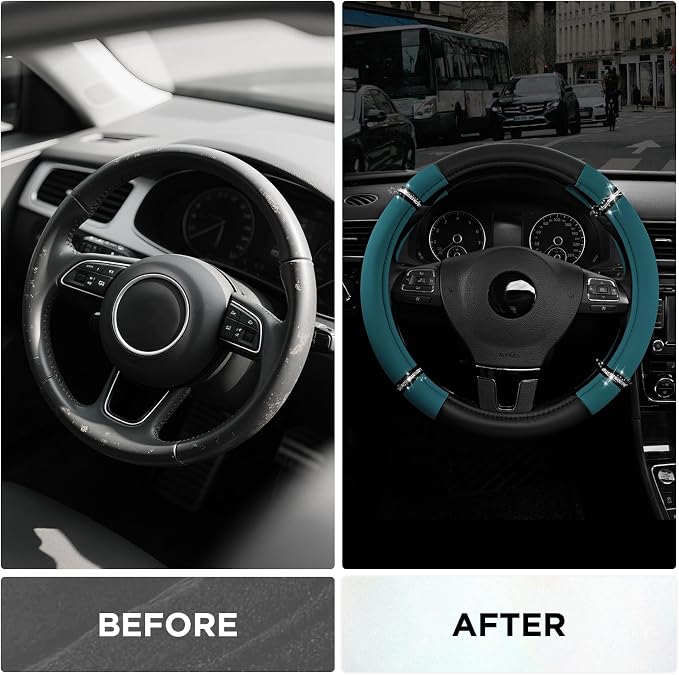 Road Comfort Leather Steering Wheel Cover – Premium Anti-Slip Car Steering Wheel Grip Cover – Universal Fit for 14.5”–15” Cars, Trucks & SUVs -Dark Blue