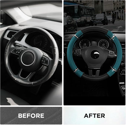 Road Comfort Leather Steering Wheel Cover – Premium Anti-Slip Car Steering Wheel Grip Cover – Universal Fit for 14.5”–15” Cars, Trucks & SUVs -Dark Blue