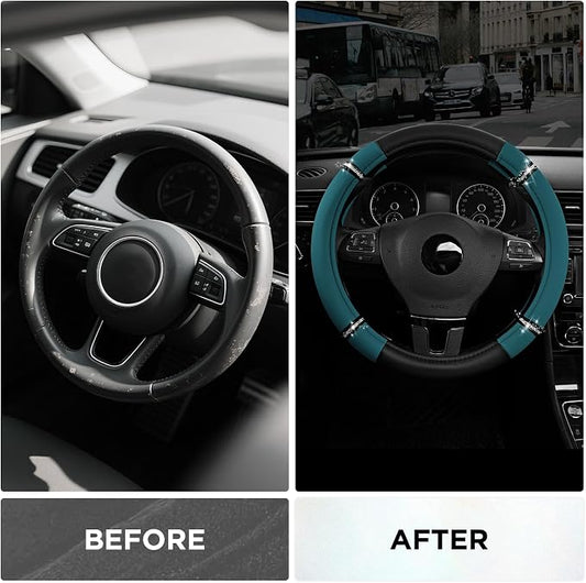 Road Comfort Leather Steering Wheel Cover – Premium Anti-Slip Car Steering Wheel Grip Cover – Universal Fit for 14.5”–15” Cars, Trucks & SUVs -Dark Blue