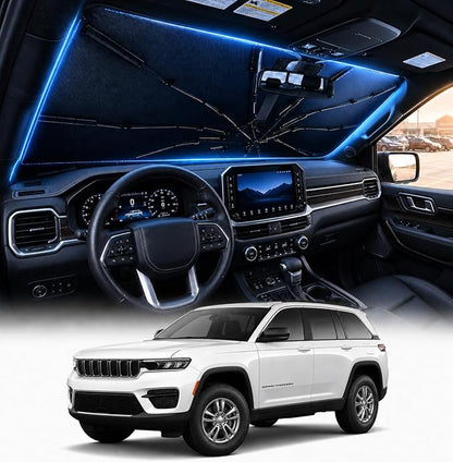 [2026 Upgraded] DooGooCoo Windshield Sun Shade Umbrella for Jeep Grand Cherokee 2011-2025 2026 [100% Sunlight Blocked, Cooling Ice Crystal] Sunshade for Car Windshield for Grand Cherokee Sun Shade.