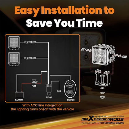 maXpeedingrods 3in LED Pod Lights Amber & White DRL Flood Beam 80W 5 Modes | 8000LM Cube Offroad Lights, Memory Function, Wiring Harness, IP67 Waterproof for Jeep Wrangler, Ford F150, Truck, ATV UTV