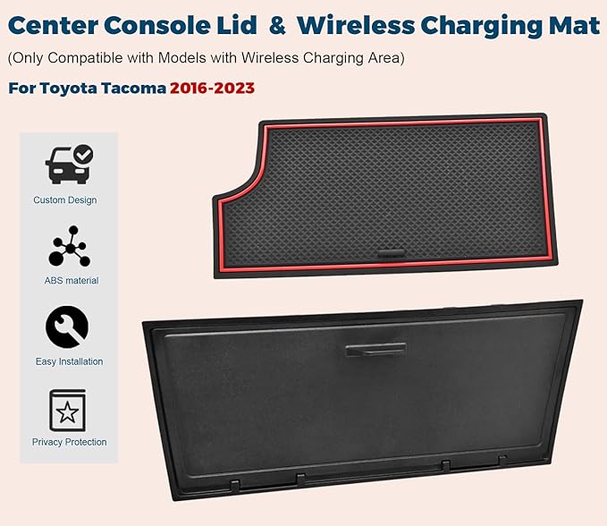 GZSH Hidden Front Center Console Cover fit for Toyota Tacoma 2016-2023 (3RD GEN Tacoma) Anti-Drop Privacy ABS Plastic Center Console Cover with Isolation Charging pad (Only fit for Wireless Charging)