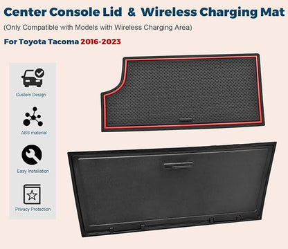 GZSH Hidden Front Center Console Cover fit for Toyota Tacoma 2016-2023 (3RD GEN Tacoma) Anti-Drop Privacy ABS Plastic Center Console Cover with Isolation Charging pad (Only fit for Wireless Charging)