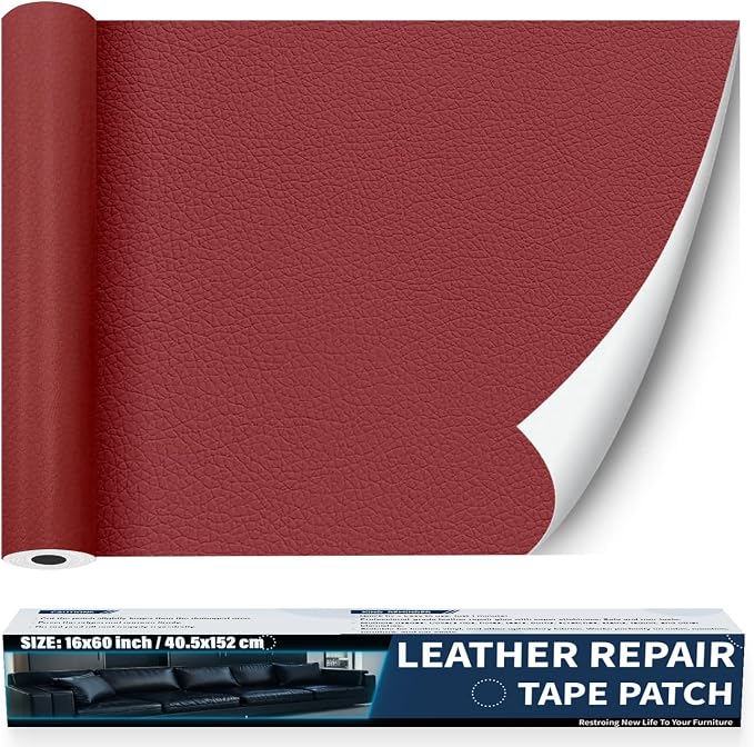 Zenyao Leather Repair Patch Tape - Self Adhesive Leather Repair Kit for Car Seat Furniture, Heavy Duty Vinyl Repair Patch for Couch Sofa, Waterproof for Rips Scratches Tears, 12x30 Inch Roll, Red