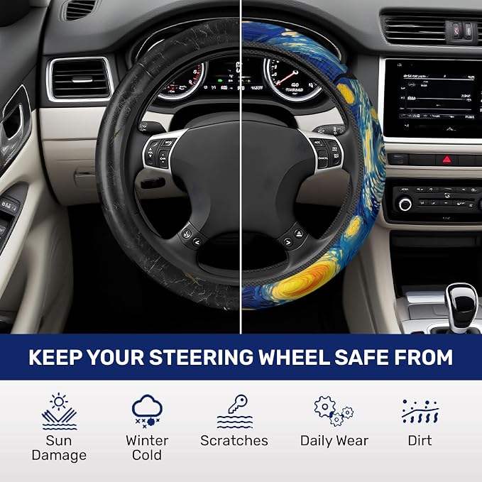 GENANY Starry Night Art Steering Wheel Cover, Non Slip Polyester Car Wheel Protector for Car SUV Truck, Universal 15 Inch