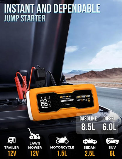 EcoNour 2500A Portable Car Jump Starter – 12V Battery Booster Pack Up to 8.5L Gas & 6L Diesel Engines – Heavy-Duty Jump Box with Smart Jumper Cables, USB Charger, LED Flashlight – for Cars,SUVs,Trucks