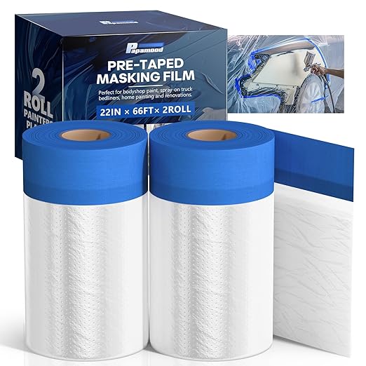 Pre-Taped Masking Film for Painting(2 Rolls) - 22" x 66'Painters Plastic Sheeting with Tape and Drape, Painters Drop Cloth for Automotive & Home, Cover for Walls/Floors/Windows/Cars Protection