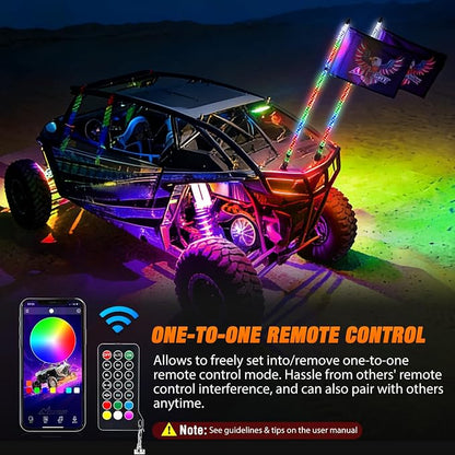 Nilight 2PCS 4FT RGB LED Whip Light and 6 PCS Rock Lights Combo Remote App Control w/DIY Chasing Patterns Stop Turn Reverse Modes Safety Antenna Whips for ATV UTV Polaris RZR Can-am Dune Buggy Jeep