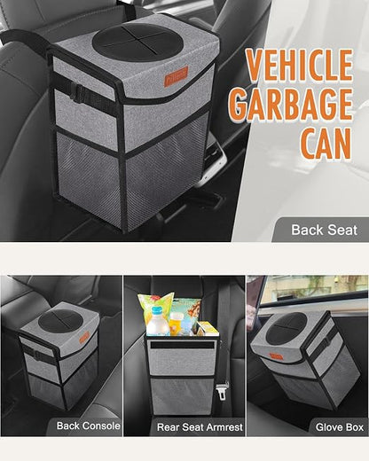 Pritent Car Trash Can with Lid, Cute Leakproof Car Trash Garbage Bag Hanging Vehicle Trash Bin Small Portable Automotive Garbage Cans Organizer for Back/Front Seat/Console(Trapezoid,Grey)