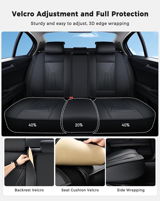 Huidasource Car Seat Covers Full Set, Universal Fit for Most Cars SUV Trucks, Full Coverage Nappa Leather Seat Cover, Airbag, Cupholder Compatible, Velcro Adjustable, Seat Function Retain, Black