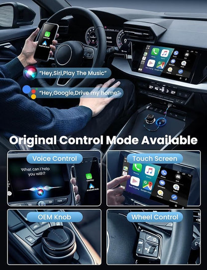 All-in-One Wireless Carplay & Android Auto Adapter with Fast Car Charger - 3 in 1 Cable for Stable Voltage, Enhanced Carplay/Android Auto Data. 48W, Dual USB C & A Ports