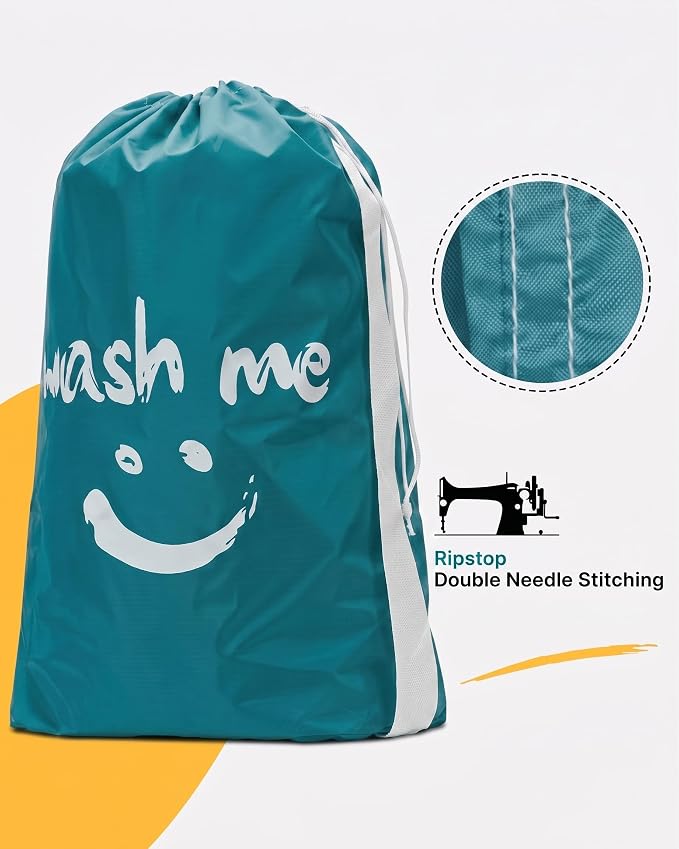 HOMEST 2 Pack XL Wash Me Travel Laundry Bag with Strap, Dirty Garments Organizer, Large Enough to Hold 4 Loads of Clothes, Easy Fit a Hamper or Clothing Basket, Sky Blue and Blue