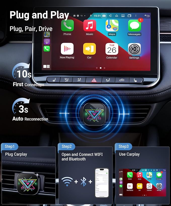 TICARVE 2-in-1 Wireless Apple CarPlay & Android Auto Adapter, Plug & Play CarPlay Wired to Wireless Adapter, Stable Auto-Connect, No Latency, iOS 10+ & Android 11+, USB/USB-C Extension Cable