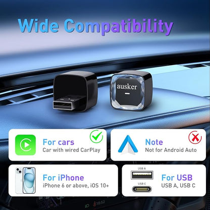 Wireless CarPlay Adapter for iPhone, Mini CarPlay Wireless Adapter with USB A Extension Cable/USB A to USB Type C Cable for Cars, Support Auto Connection, No Delay & Stable Connection