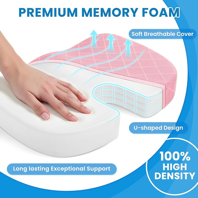 TushGuard Office/Car Seat Cushion, Non-Slip Sciatica & Back Coccyx Tailbone Pain Relief Chair Pad, Memory Foam Butt Pillow for Computer Desk, Wheelchair, Driving (Pink)