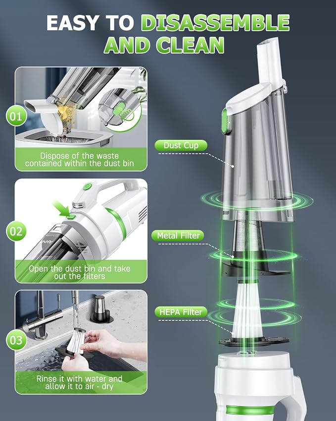 AHNR Handheld Vacuum Cordless, 16000PA Powerful Suction Hand Held Vacuum Cordless Rechargeable with LED Light & 2 HEPA Filters, Portable Car Vacuum Cleaner High Power for Car Home Office