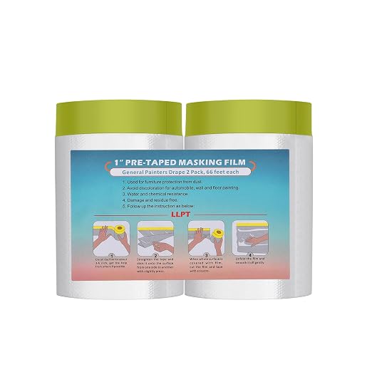 LLPT Pre-Taped Masking Film, 25.6" Unfolded x 66Ft, 0.31 Mil, 2 Pack