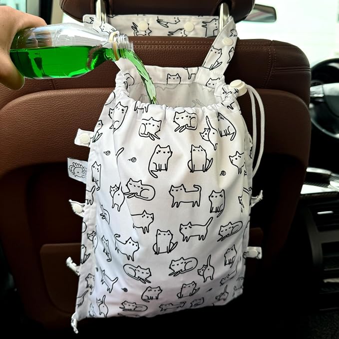 Leak-Proof Waterproof Car Trash Bag Foldable Multipurpose Trash bin Container Storage Cute Grocery Organizer Bag for Automotive Front or Back Seat in Cars SUVs and Trucks (White cats)