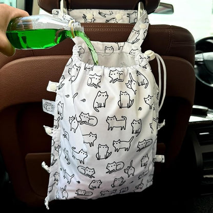 Leak-Proof Waterproof Car Trash Bag Foldable Multipurpose Trash bin Container Storage Cute Grocery Organizer Bag for Automotive Front or Back Seat in Cars SUVs and Trucks (White cats)