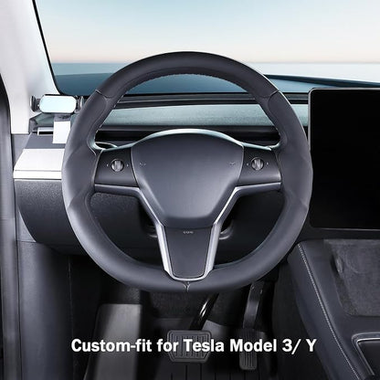 Steering Wheel Cover for 2017-2023 Tesla Model 3 2020-2024 Tesla Model Y, Leather Steering Wheel Cover for Tesla Model 3/Y Accessories, Black