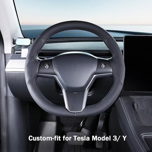 Steering Wheel Cover for 2017-2023 Tesla Model 3 2020-2024 Tesla Model Y, Leather Steering Wheel Cover for Tesla Model 3/Y Accessories, Black