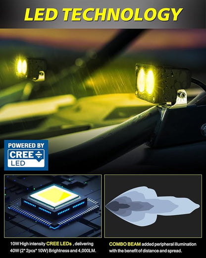 Yellow LED Pods with Wiring Harness & Black Covers 3" 40W CREE LED Ditch Lights Spot Flood Combo Fog Lights Yellow Chase Head Light for Trucks Motorcycle SUV UTV ATV Dirt Bike