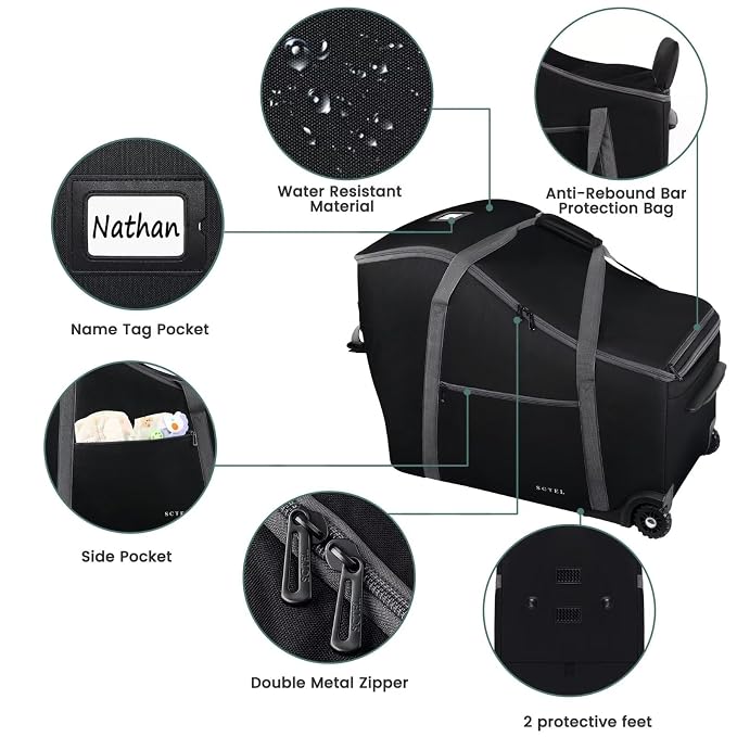 SCTEL Infant Car Seat Travel Bag Fit Doona Car Seat Stroller and Base, Chicco Keyfit 35 and Base, Doona Travel Bag with Wheels, Padded Car Seat Bags for Air Travel, Nuna Travel Bag with Zipper Pocket