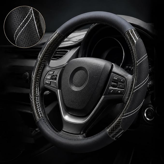 Elantrip Sport Leather Steering Wheel Cover 14 1/2 inch to 15 inch Universal, Padded Soft Grip Breathable for Car Truck SUV Jeep, Anti Slip Odorless Carbon Fiber Black