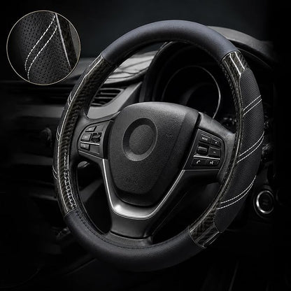 Elantrip Sport Leather Steering Wheel Cover 14 1/2 inch to 15 inch Universal, Padded Soft Grip Breathable for Car Truck SUV Jeep, Anti Slip Odorless Carbon Fiber Black