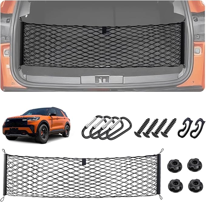 Envelope Style Cargo Net for 2020-2025 2026 Ford Explorer Accessories, Rear Trunk SUV Mesh Cargo Net, Upgraded 5mm Bungee & Double-Layer Nylon Storage Tailgate Netting Grocery&Tools Holder Organizer