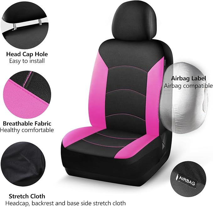 HChengkikz Car Seat Covers Front Seat, Waterproof Neoprene Car Seat Covers, Airbag Compatible, All Season Protection Universal Fit Most Cars, Trucks, SUVs (Black + Pink)