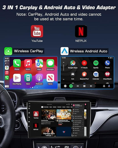 Wireless CarPlay Adapter AI Box for iPhone & Android Auto – YouTube & Netflix Support, TF Card Offline Playback, Plug and Play, Wired to Wireless Conversion, Stable 5.8GHz WiFi & Bluetooth 5.3