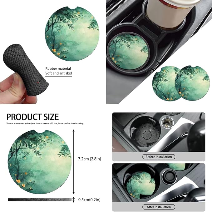 Green Forest 10 Piece Car Accessories Set, Yellow Wildflower Universal Steering Wheel Cover, Watercolor Forest Front Seat and Rear Bench for Truck SUV Sedan, Car Decor