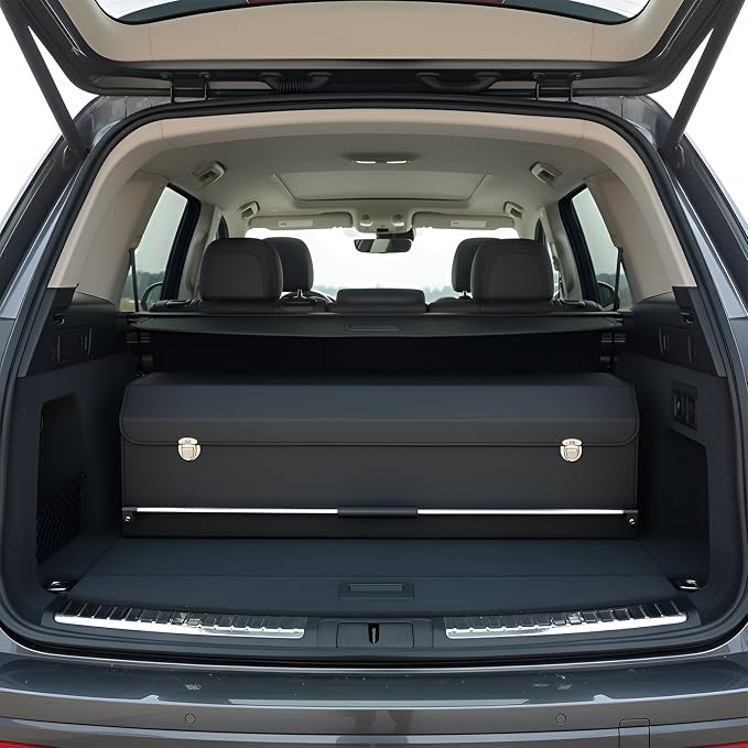 Car Trunk Organizer, Leather Car Trunk Storage Organizer with Lid and Sturdy Handle Car Organizer Storage Box Suv Trunk Organizer (Black, 40.5 x 11.4 x 12.2in)