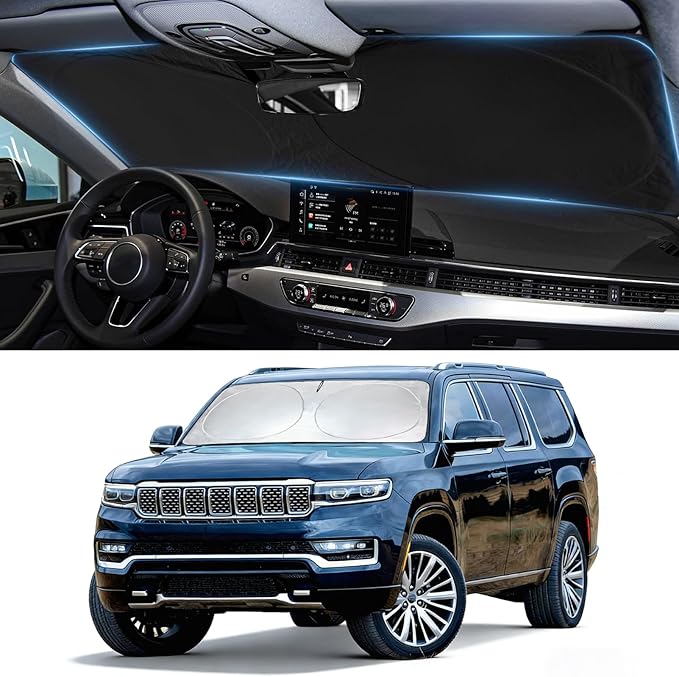 Windshield Sun Shade for Jeep Wagoneer 2022-2026, Custom-Fit Wagoneer Sun Visor Protector, 99% UV Block Heat Sun Shield, Silver Reflective Front Window Sunshade
