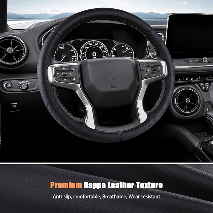 Aimato Customized Steering Wheel Cover for Chevy Silverado 1500 2019-2026/2500 3500 2020-2026/Blazer 2019-2025/Suburban Tahoe 2021-2024,Thin,Anti-Slip,Scratch-Resistant Car Accessory for Chevrolet