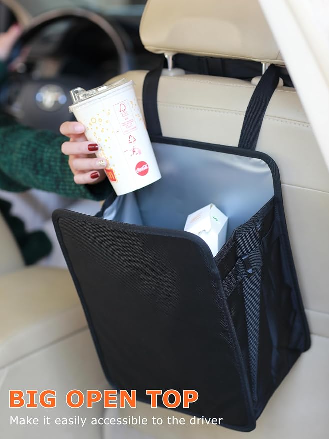 Ginsco 3 Gallons Open-Top Car Trash Can, Large Capacity Hanging Leakproof Car Trash Bag with Water-proof PEVA Liner, Stand Trash Bag for Cars Foldable Storage Bag for Cars SUV Truck RV Black