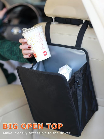 Ginsco 3 Gallons Open-Top Car Trash Can, Large Capacity Hanging Leakproof Car Trash Bag with Water-proof PEVA Liner, Stand Trash Bag for Cars Foldable Storage Bag for Cars SUV Truck RV Black