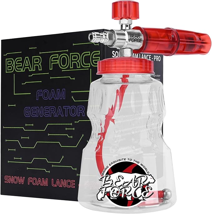BEAR FORCE Foam Cannon Wide Mouth for Pressure Washer, Stainless Steel Heavy Duty Thick Snow Foam Lance, 360° Adjustable Soap Sprayer 1/4" Quick Connector, 1.10mm 1.25mm Orifice, 32oz Bottle, Car Wash