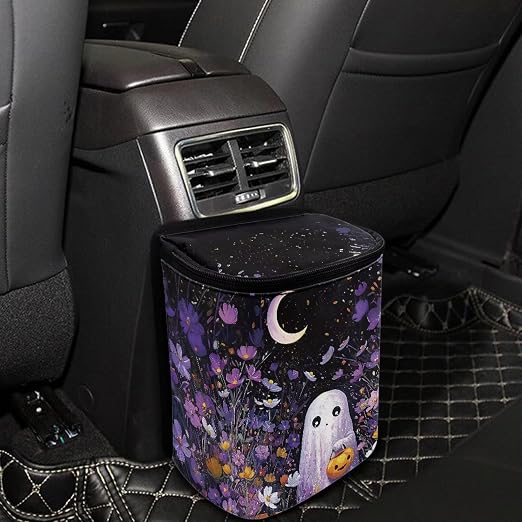 Ghost Daisy Flower Moon Pattern Car Trash Can Leakproof Garbage Bag with Lid and Zipper 1.2Gal Trash Bin Hanging for Back Seat Halloween Car Accessories Universal Fit