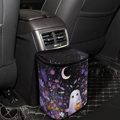 Ghost Daisy Flower Moon Pattern Car Trash Can Leakproof Garbage Bag with Lid and Zipper 1.2Gal Trash Bin Hanging for Back Seat Halloween Car Accessories Universal Fit