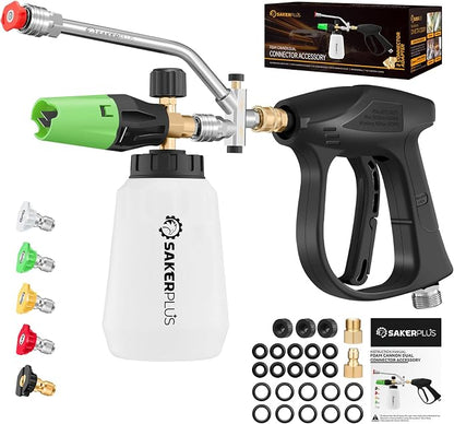 SakerPlus Foam Cannon Dual Connector Accessory,Pressure Washer Gun with Foam Cannon,1/4 Inch Quick Connector with 5 Power Washer Sprayer Nozzles,for Car Washing and Cleaning