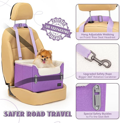 PETSFIT Small Dog Car Seat – Patented Safety Buckles – Safety Tether – Foldable Travel Dog Booster Car Seat Reduces Anxiety & Road Trips – Stable Frame, Soft Cushion, Fits Front/Back Seat (Purple)