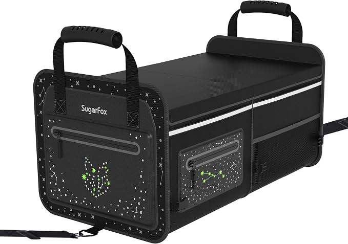 SugarFox 63L Car Trunk Organizer for SUVs & Small/Midsize Cars - Fluorescent Design, Waterproof, Collapsible with Adjustable Straps (Black-M004)