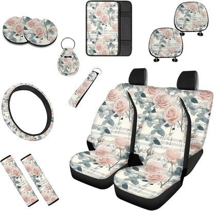 Music Note Seat Covers for Cars 13 Pcs, Garden Rose Car Interior Accessories Auto Center Console Pad, Countryside Music Cover for Cars Interior Universal Fit