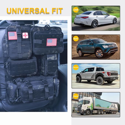 Universal Tactical Car Seat Back Organizer Bag Tactical Molle Vehicle Organizers Panel Vehicle Protector Organizers with 5 Detachable Pouches for Car Truck Ford Jeep (Upgraded D model Black camo)