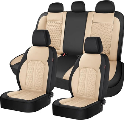 Coverado Universal Leather Seat Covers Full Set for 5 Seats – Waterproof, Durable All-Weather Protector for SUV, Pickup Truck, Sedan, Black&Beige