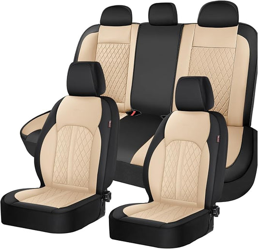 Coverado Universal Leather Seat Covers Full Set for 5 Seats – Waterproof, Durable All-Weather Protector for SUV, Pickup Truck, Sedan, Black&Beige